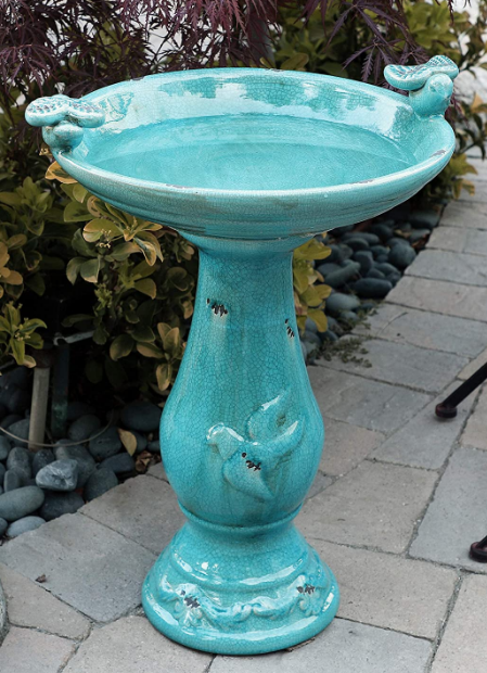 Alpine Corporation TLR102TUR Alpine Pedestal Bath with 2 Figurines-Turquoise Antique Ceramic Birdbath with Birds