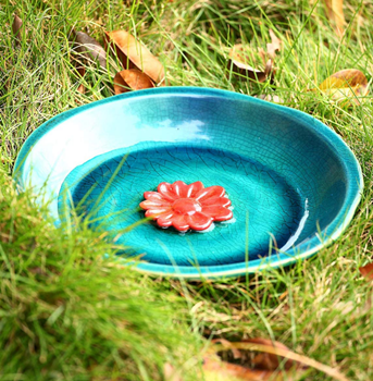 Topadorn Birdbath Ceramic Bowl Decor for Bee Bird Bath Outdoor Garden Vintage Yard,Blue with Red Flower