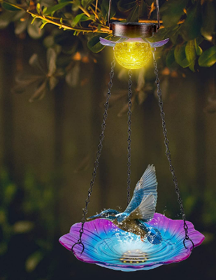 MAGGIFT Solar Powered Bird Bath for Outdoor Hanging, Wild Bird Feeder Glass Flower Seed Tray Outside, Waterproof Birdfeeders Solar Garden Crackle Glass Ball Light Warm White LED Landscape Lighting