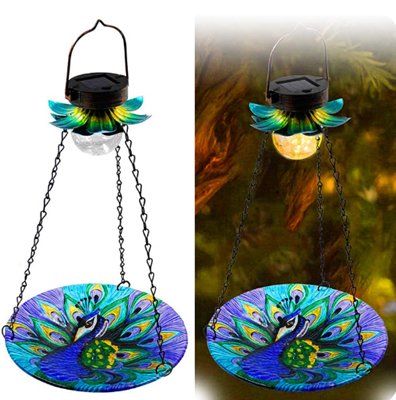 MAGGIFT Solar Powered Bird Bath for Outside Hanging, Wild Bird Feeder, Peacock Shape Glass Seed Tray Outdoor Waterproof Birdfeeders Solar Garden Light Metal Flower Decorative LED Landscape Lighting