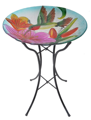 Peaktop Outdoor Hand-Painted Hummingbird Fusion Glass Birdbath Bowl Feeder with Metal Stand for Patio Garden Backyard